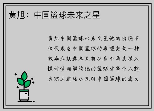 黄旭：中国篮球未来之星
